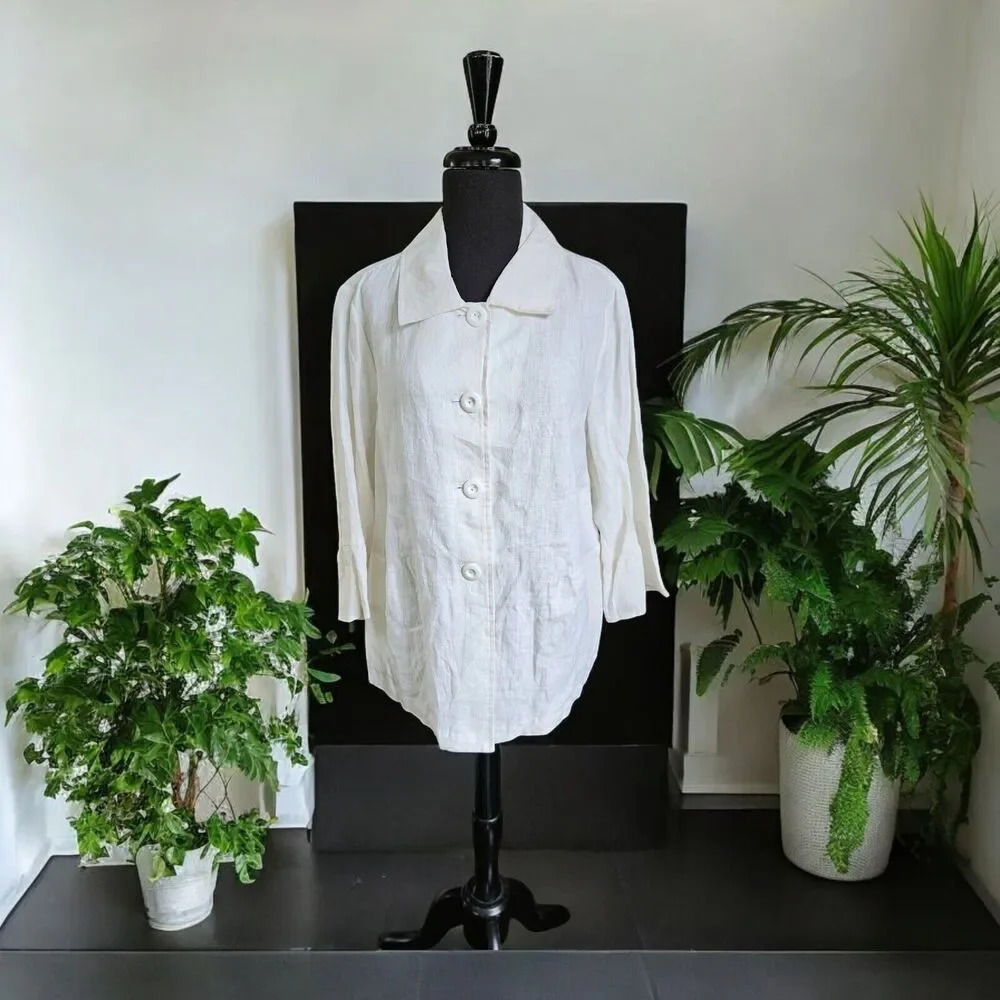 Off Winter White Linen Coat Pointed Flat Collar Peplum Back Flounce Sleeve 1XL